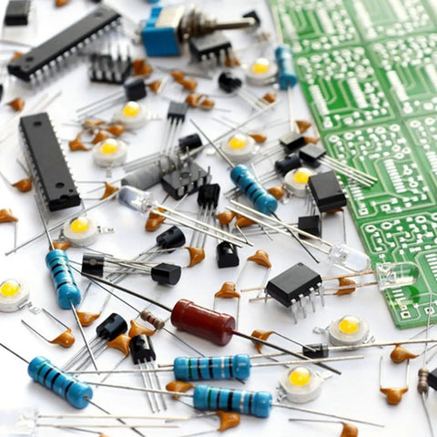 Assorted electronic components including resistors from 34 Values Resistor Kit With 340 Pieces From 1 Ohm To 1 Mega Ohm Half Watt Metal Film