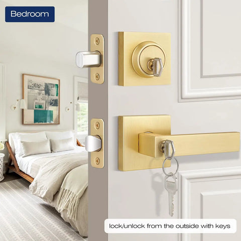 Two Pack Door Handleset With Single Cylinder Deadbolt Satin Brass Finish Reversible For Right Or Left Handed Doors Keyed Entry Square Deadbolt Lock Set on white bedroom door