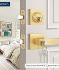 Three Pack Door Handleset With Single Cylinder Deadbolt In Satin Brass Reversible For Right Or Left Swing Square Keyed Deadbolt Lock Set For Entry Doors Easy Install And Smooth Operation For Modern Homes shown on a bedroom door with satin brass finish, featuring a lever handle and key in lock, inside view.
