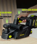 No-Fuss 20V Cordless Wood Planer With Included 4Ah Battery, features depth adjustment knob and safety lock design.