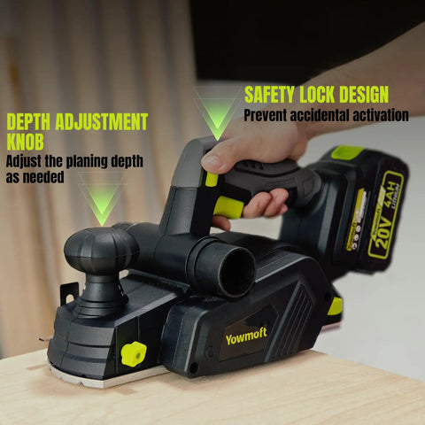 No-Fuss 20V Cordless Wood Planer With Included 4Ah Battery, features depth adjustment knob and safety lock design.
