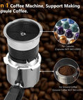 Close-up of 3 In 1 Espresso Machine With 20 Bar Pressure, Automatic Milk Frother showing capsule and ground coffee options.