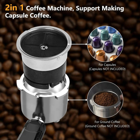 Close-up of 3 In 1 Espresso Machine With 20 Bar Pressure, Automatic Milk Frother showing capsule and ground coffee options.