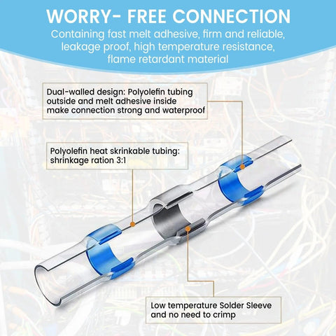455-piece heat-shrink self-soldering butt connector kit; polyolefin tubing with blue sleeves for 26–10 AWG wires
