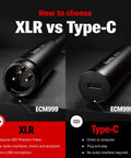 Comparison of ECM999 XLR connector vs ECM999U Type-C connector for audio interfaces and compatibility explanation.