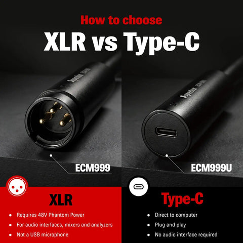 Comparison of ECM999 XLR connector vs ECM999U Type-C connector for audio interfaces and compatibility explanation.