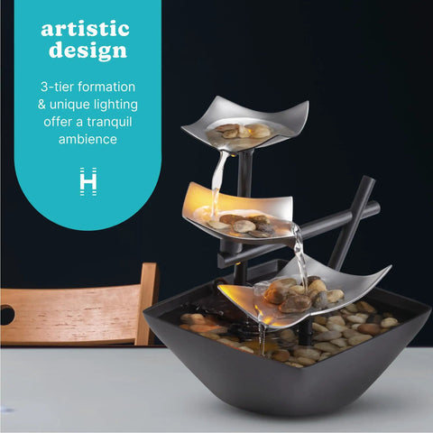 Chill Tabletop Water Fountain For Home Decor And Relaxation, 3-tier silver waterfall with river rocks, 8.25 inch tall
