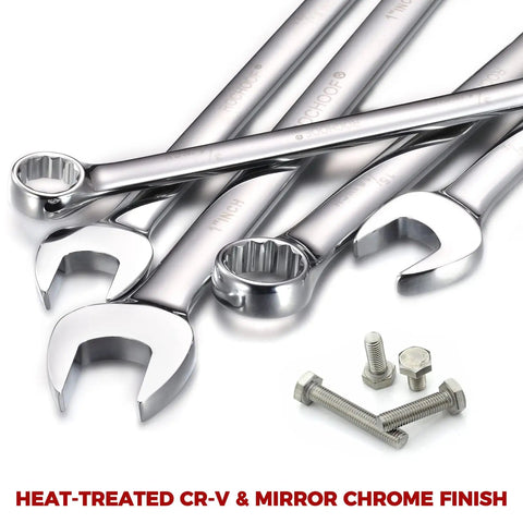 Close-up of 32 Piece Chrome Vanadium Wrench Set With 12 Point SAE And Metric Wrenches showcasing chrome finish and bolts.