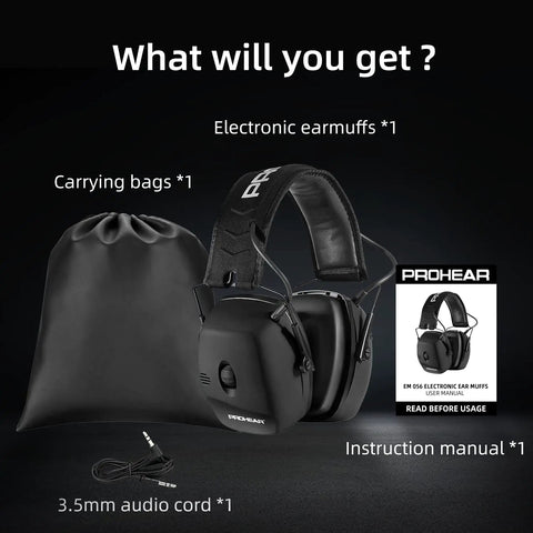Contents of the Electronic Shooting Ear Protection Muffs With 30 dB NRR And 0.01s Reaction Time package including accessories