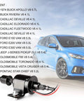 12V Universal Electric Fuel Pump With 5 To 9 PSI Output And 30 GPH Flow For Gasoline And Diesel Transfer, shown with blue car and fitment list.