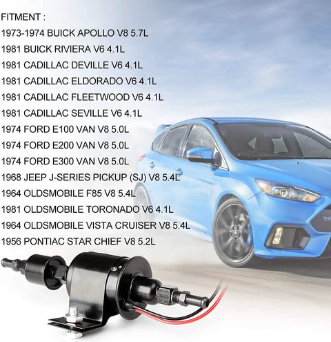 12V Universal Electric Fuel Pump With 5 To 9 PSI Output And 30 GPH Flow For Gasoline And Diesel Transfer, shown with blue car and fitment list.
