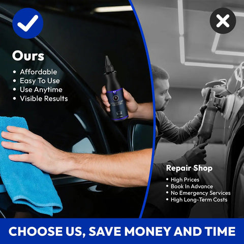 Comparison of at-home car care using New Upgraded Car Scratch Remover Kit For Vehicles and professional repair shop costs.