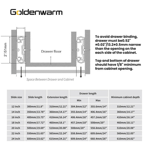 Installation diagram for Beefy Heavy Duty 16 Inch Drawer Slides Without Lock 150 Lb Load Capacity showing specifications and measurements.