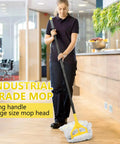 Heavy Duty Commercial Cotton String Mop With 59 Inch Handle And Replaceable Head Top Shelf Wet Floor Scrubber For Garage Warehouse Cleanup No Sweat Grime Removal being used on a wood floor.