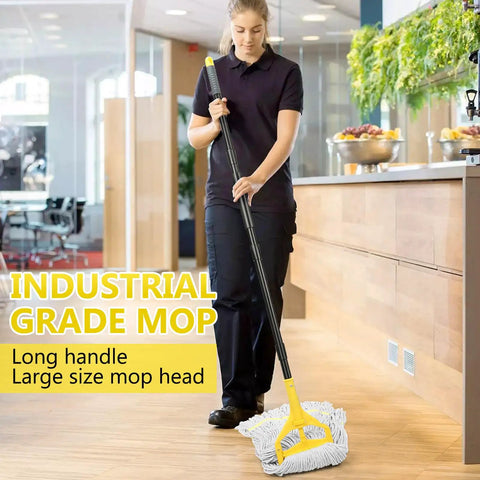 Heavy Duty Commercial Cotton String Mop With 59 Inch Handle And Replaceable Head Top Shelf Wet Floor Scrubber For Garage Warehouse Cleanup No Sweat Grime Removal being used on a wood floor.