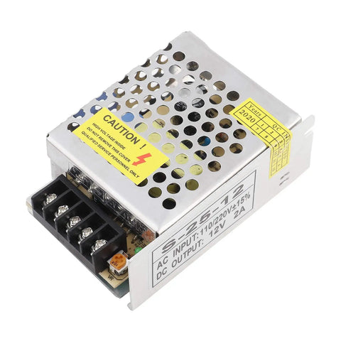 DC 12V 2A LED Switching Power Supply Driver Adapter 25W Rugged Industrial Aluminum Alloy Enclosure With Short Circuit And Over Temperature Protection Dual Cooling Convection And Built In Fan, perforated metal case