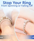 Comparison of a ring without and with Ring Size Adjusters For Loose Rings 12 Pack, showing snugger fit on finger.