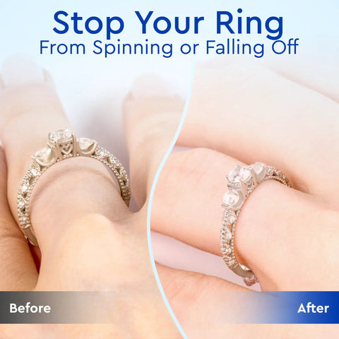 Comparison of a ring without and with Ring Size Adjusters For Loose Rings 12 Pack, showing snugger fit on finger.