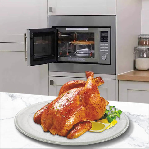 12 Inch Glass Microwave Plate Replacement Built To Last, Heavy Duty Heat Resistant BPA Free Dishwasher Safe Compatible With W10337247 W11367904 W11291538 Turntable Tray under cooked chicken with open microwave in background.