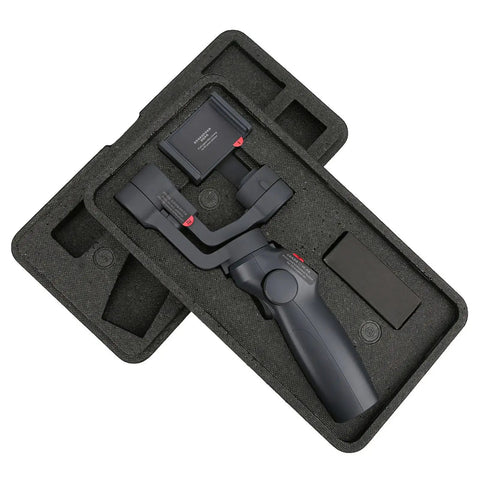 Black Grab And Go Handheld Stabilizer For Sports Cameras And Smartphones With 5th Gen Intelligent Stabilization in foam case.