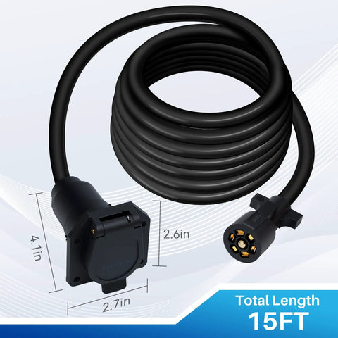Heavy Duty 7 Way Trailer Plug Extension Cord 15 Foot With Pure Copper Conductors and Rock Solid 7 Pin RV Connector Cable, coiled.