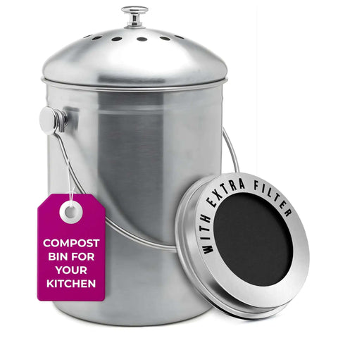 Countertop Compost Bin For Kitchen One Point Three Gallon Odor Free Indoor Bin With Carbon Filters And Lid Stainless Steel