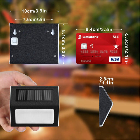 Level Up Your Deck Game With These Super Chill Non Glaring Warm White Solar Lights For Steps And Fences Featuring Tough Black Stainless Steel Housing Two Pack Outdoor Ambient Lighting with size comparison.