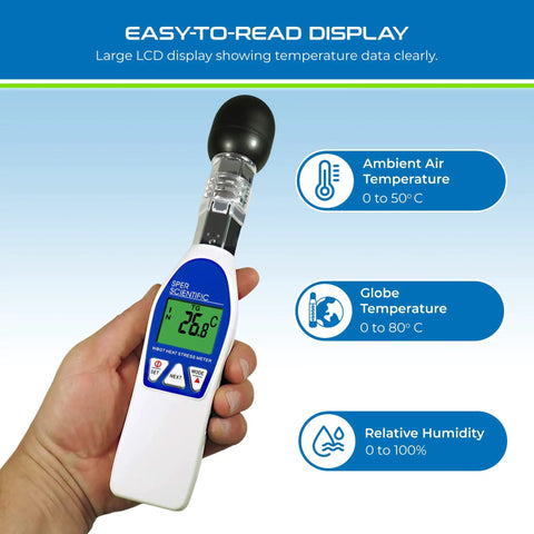 WBGT Heat Stress Meter With Dry Bulb, Wet Bulb, And Globe Temperature For Accurate Readouts In Workplace, Sports, And Outdoor Activities With Large LCD Display And Fast Pro Grade Sensing hand-held with visible LCD display