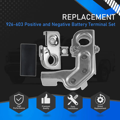 Positive And Negative Battery Terminal Set For Ford Super Duty F 250 350 450 And Chevy Silverado 2500 3500 Replaces BT4Z 14450 SD BT4Z 14450 BA Copper Alloy Rugged And Corrosion Resistant High Performance Electrical System Upgrade with high conductivity and easy installation symbols.