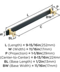 Diagram showing dimensions of Overton Two Tone Cabinet Pull in Brushed Matte Black and Brushed Gold, 8-13/16 Inch Center to Center