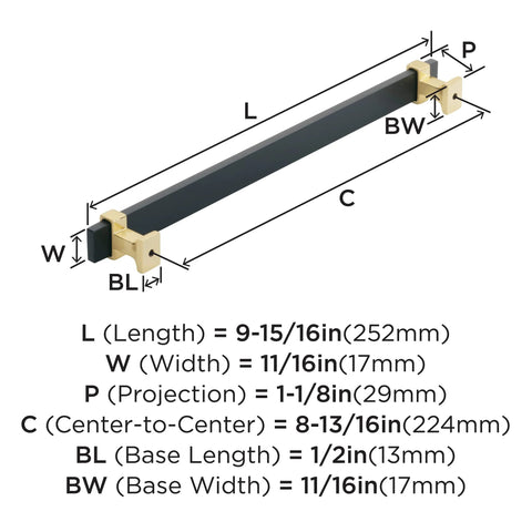 Diagram showing dimensions of Overton Two Tone Cabinet Pull in Brushed Matte Black and Brushed Gold, 8-13/16 Inch Center to Center