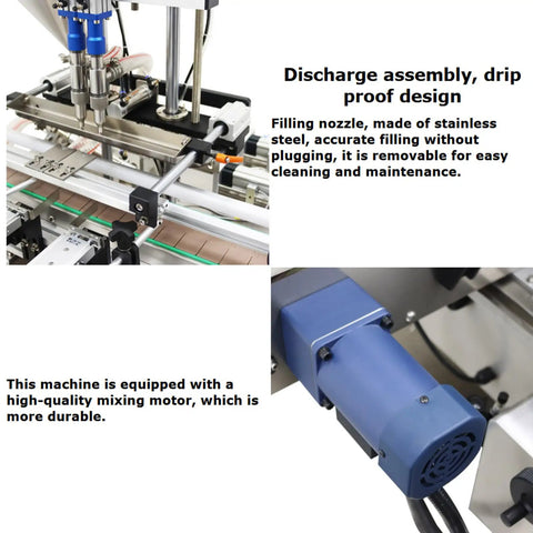 No Sweat Desktop Fully Automatic Double Head Paste Filling Machine For Viscous Sauces And Syrups With 10 To 100 Ml Capacity showing filling nozzles and motor.