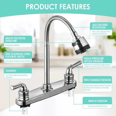 Kickass Tool Free Rv Kitchen Faucet Featuring Flexible Spout And Lightweight Abs Construction Built For Campers Motorhomes And Travel Trailers Delivers Smooth Flow And No Sweat Setup For Your Next Road Trip, showcasing multi-function sprayer and high-pressure spout design.
