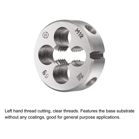 M12 x 1.75 Left Hand Tap and Die Set With Round Thread Die For Nut and Bolt Thread Repair, metallic round die close-up