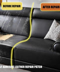 Before and after use of Self Adhesive Leather Repair Tape For Furniture And Car Seats Quick Fix For Vinyl Upholstery, PU Leather Scratches, Waterproof And Scratch-Resistant Patch With Strong Adhesion on a black sofa.