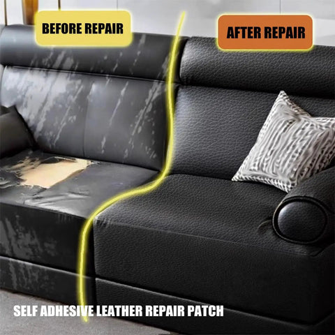 Self Adhesive Leather Repair Patch For Car Seats, Sofas And Vinyl Upholstery fixing a black sofa with visible repair difference.