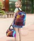 Child with matching bear-print backpack and lunch bag set outdoors