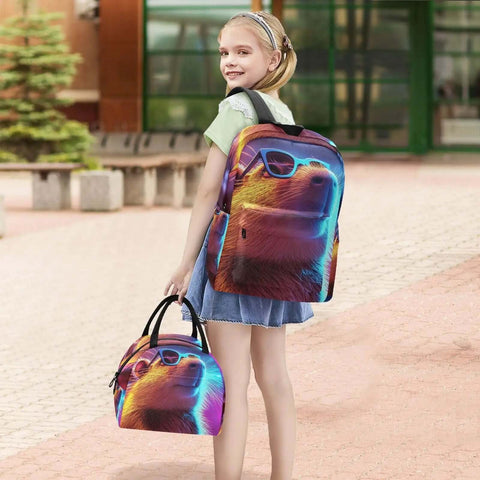 Child with matching bear-print backpack and lunch bag set outdoors
