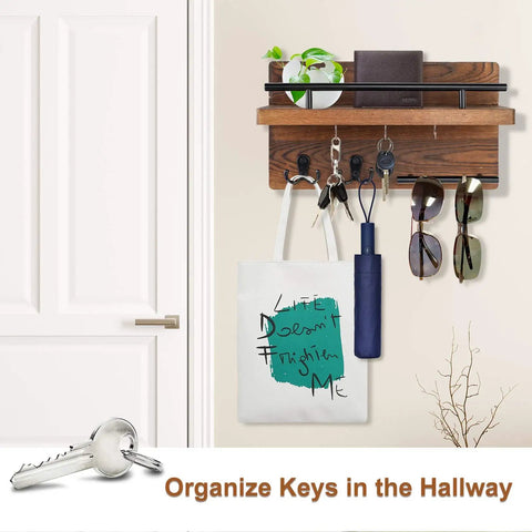 Wall Mounted Key Holder And Hangers With Five Key Hooks No Fuss Wooden Mail Rack Organizer With Shelf Rustic Home Decor