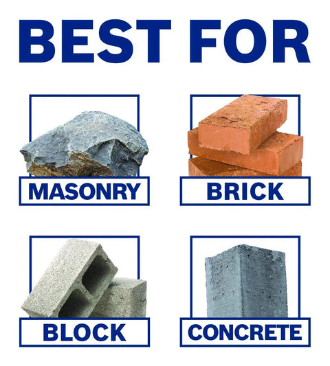 Image showing masonry, brick, block, and concrete, labeled as best surfaces for SDS Max Ground Rod Driver Adapter Drives Five Eighth Inch And Three Quarter Inch Ground Rods With Ease Using Your Heavy Duty Hammer Drill One Piece Design Built For Pro Contractors And Electricians Who Demand Reliable Performance.