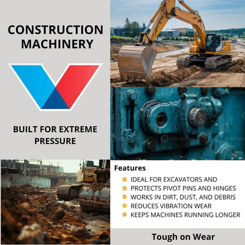 Construction machinery advertisement with excavator and metal components, highlighting features like extreme pressure durability.