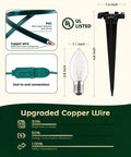 Diagram showing components of Outdoor Christmas Pathway Lights 2 Pack, 51.4 Ft Total, 40 Bulbs, including bulb, stake, and copper wire.