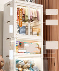 Portable Foldable Wardrobe Closet Organizer Sturdy Fabric Clothes Storage Cabinet with colorful garments and toys.