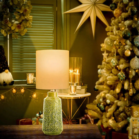 Green Ceramic Table Lamp With Leaf Pattern And White Linen Shade, 17 Inch Tall, Perfect Small Decorative Bedside And Living Room Lamp