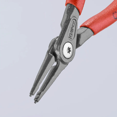 Close-up of Internal Precision Snap Ring Pliers 5.50 Inch Pro Grade Tool, showing durable build and red comfort grip handle.