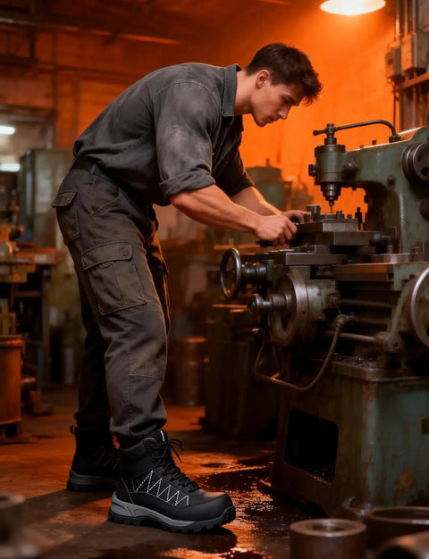 Steel Toe Work Boots For Men Waterproof Non Slip Industrial Construction Shoes Black Built For The Job Tough As Nails Outdoor Safety Footwear With Water Repellent Upper And Rugged Wear Resistant Patch For Long Lasting Protection on worker in factory setting