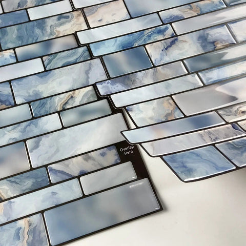 Blue Marble Peel And Stick Backsplash Tiles 12x12 Self Adhesive Removable For Kitchen And Bathroom with realistic 3D texture.