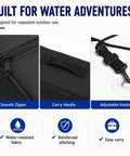 Features of Front Deck SUP Storage Bag With Insulated Cooler Compartment, including zipper, handle, and adjustable strap hooks.