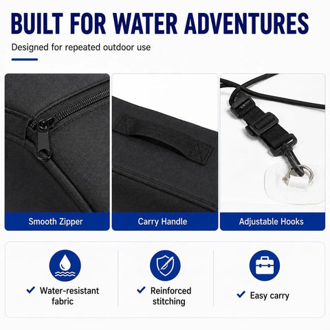 Features of Front Deck SUP Storage Bag With Insulated Cooler Compartment, including zipper, handle, and adjustable strap hooks.