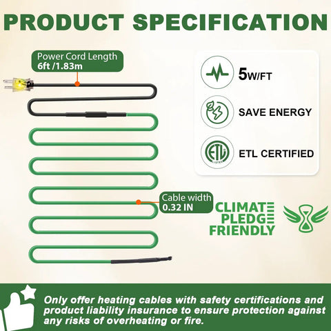 Product specification for Self Regulating Heat Tape For Water Pipes And Roofs And Gutters No Sweat De Icing Heating Cable